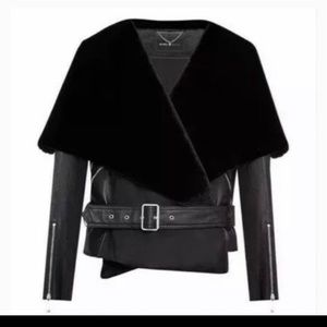 BCBGMAXAZRIA Jade black leather & faux fur wrap jacket